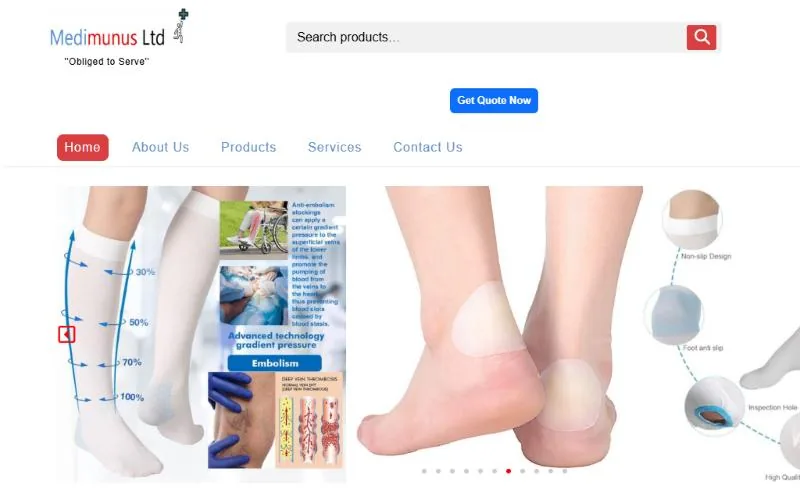 Home page of the Medimunus website, a medical supplies company